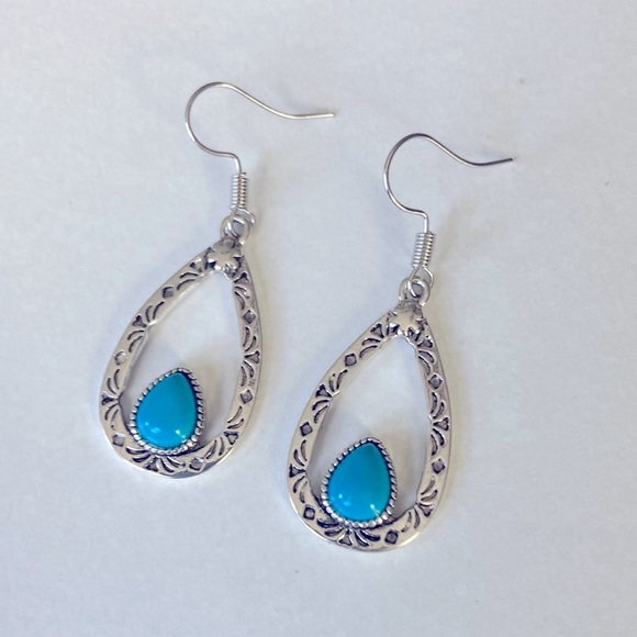 925 Jewelry - 925 Solid Sterling Silver Natural Gemstone Turquoise Teardrop Dangle Earrings